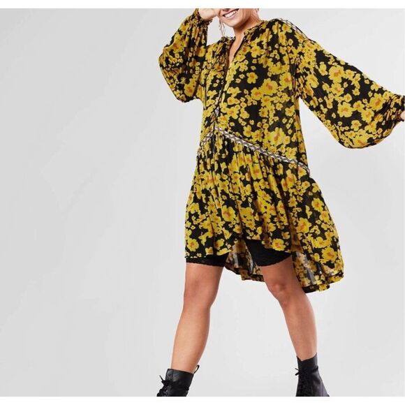 Free People Yellow Black Combo Floral Embroidered Love Letter Mini Dress Small - Picture 1 of 10